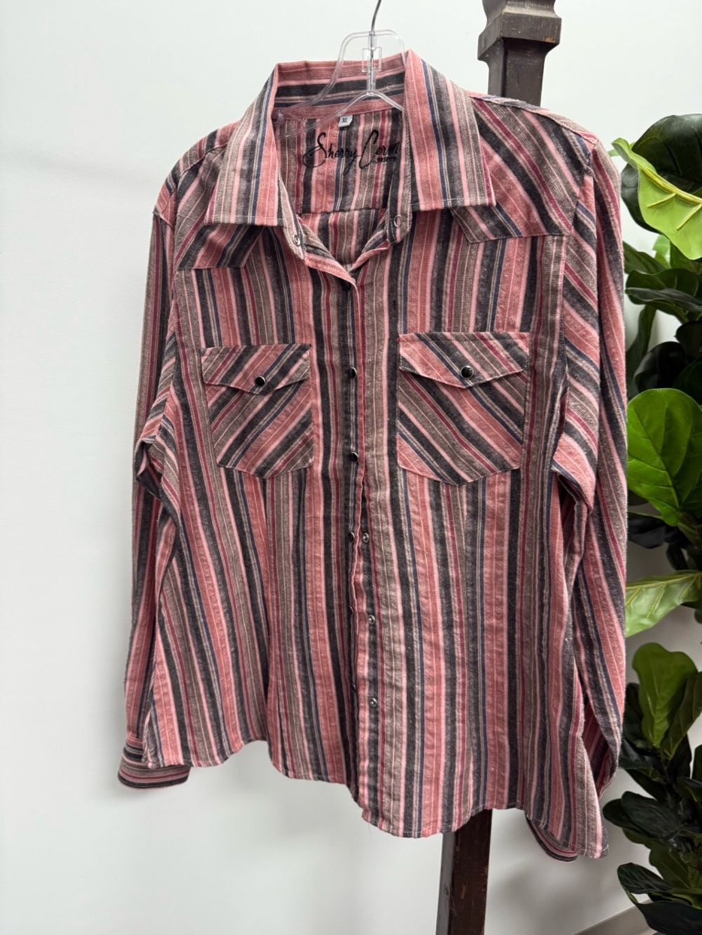 Striped Button-Down Shirt in Rose and Black - Women's